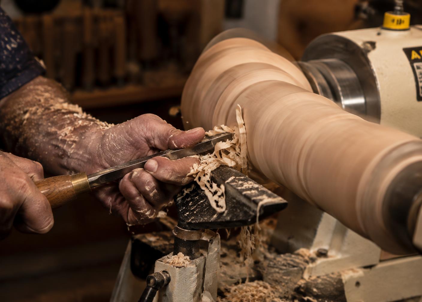 Hands guiding a chisel against a spinning blank