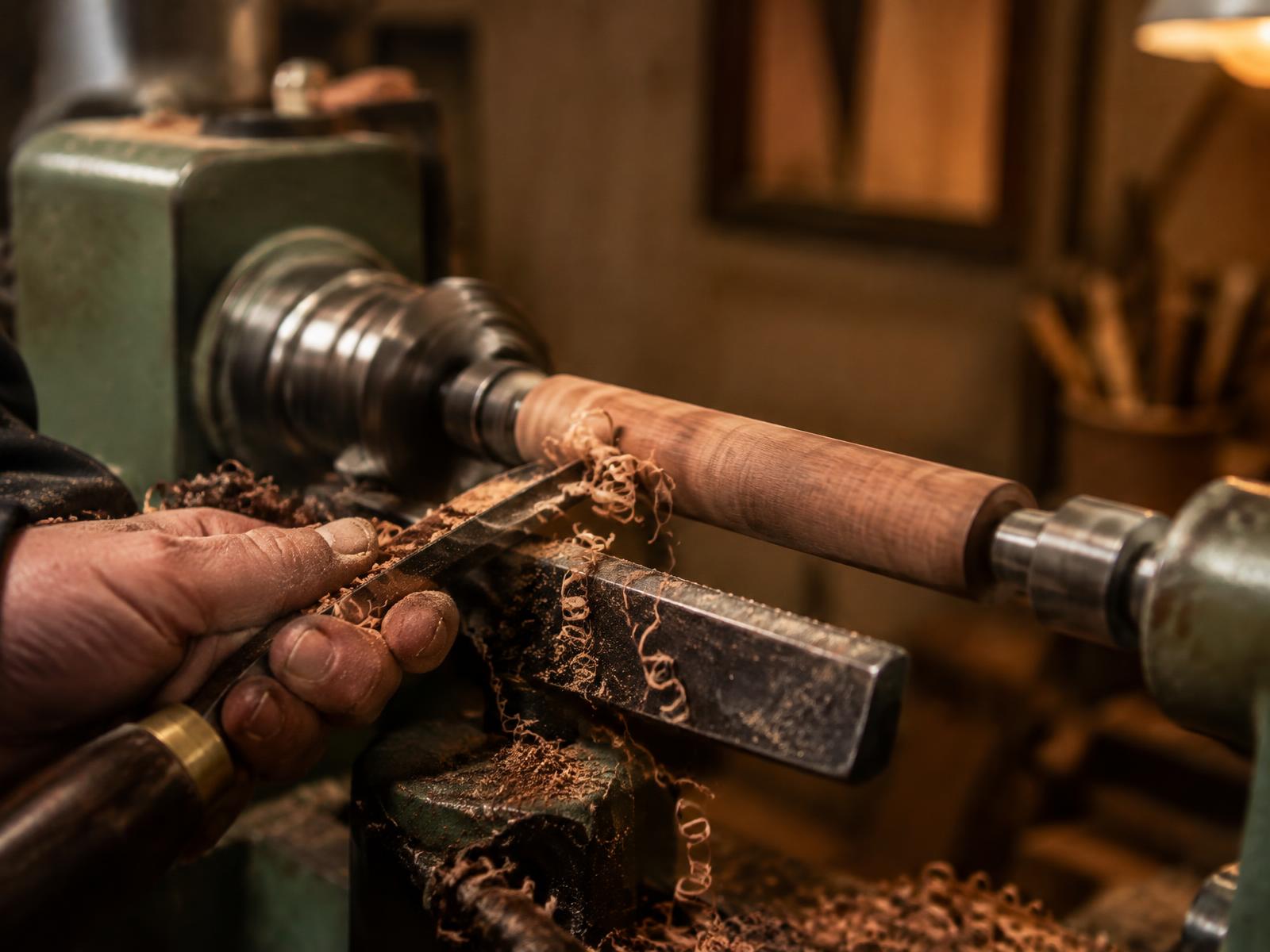 A hardwood pen blank spinning on the lathe